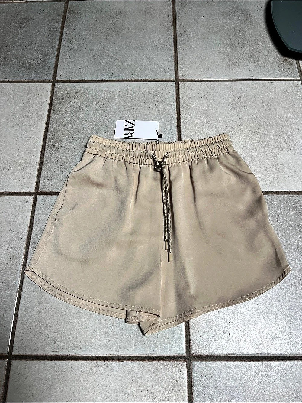 Zara Satin Drawstring Shorts High Waist Beige Size Small